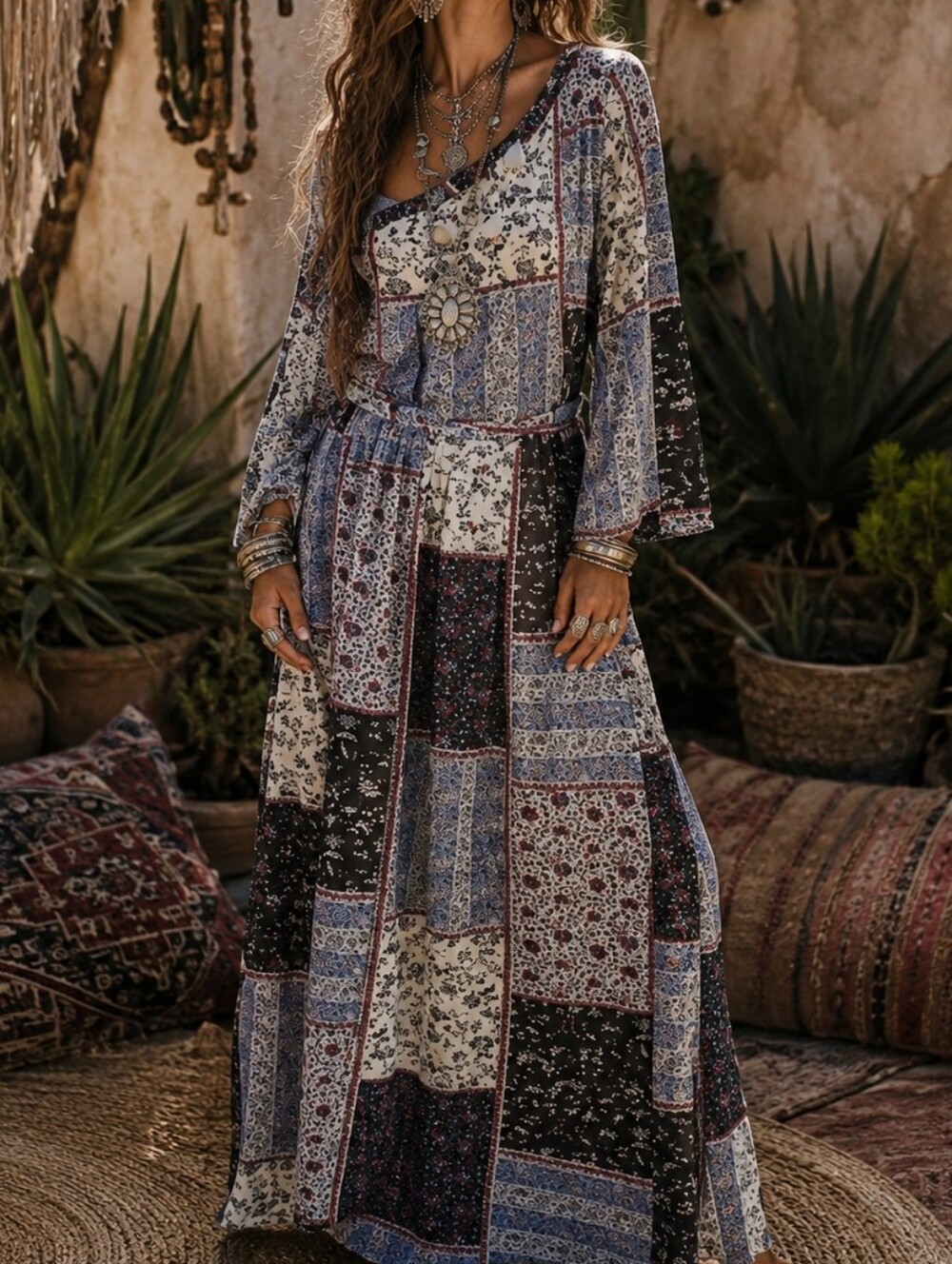 Boho One-Shoulder Chiffon Maxi Dress | Patchwork Floral | Western Cowgirl Style